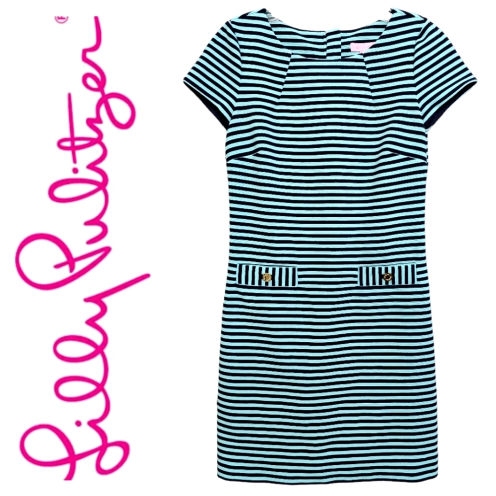 Lilly Pulitzer Layton  Shortsleeve Aqua /Navy Striped Knit Shift Dress